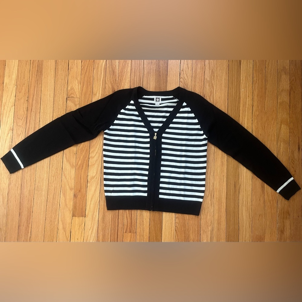 Anne Klein black and white striped zipper cardigan